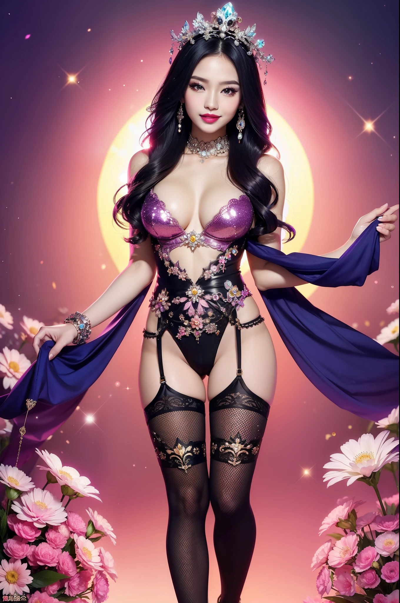 sexy Thai model who controls poison、beautiful smile、lipgloss、bold lipstick、intense makeup、look at the camera、full body Esbian、、sparkling poisoned flower costume、、、、sparkling Colorful hair、secrete poison、skull hair accessories、sexy tights、shiny sparkling flowers background