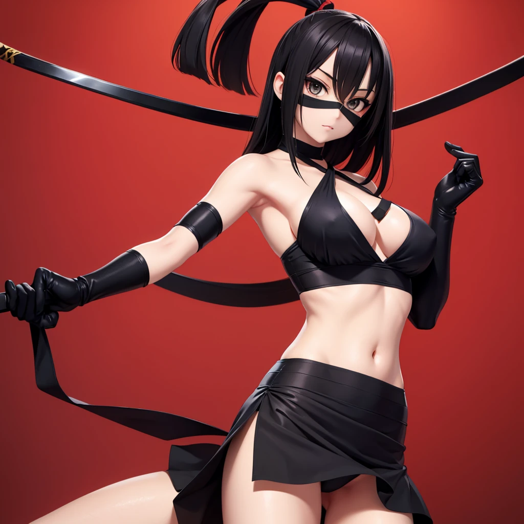 ninja girl, breasts big, briefs black, Medium length hair, almost no clothes, Beautiful navel, The chest is wrapped with a very thin black ribbon, Very thin black bandage around the chest, nearly naked, wearing a mask, open neck, bared shoulders, nice ass, sensuous, masterpiece quality, detailded, best qualityer, perfect, two arms, holds a katana, looks at viewer, stands in front of the viewer, two arms