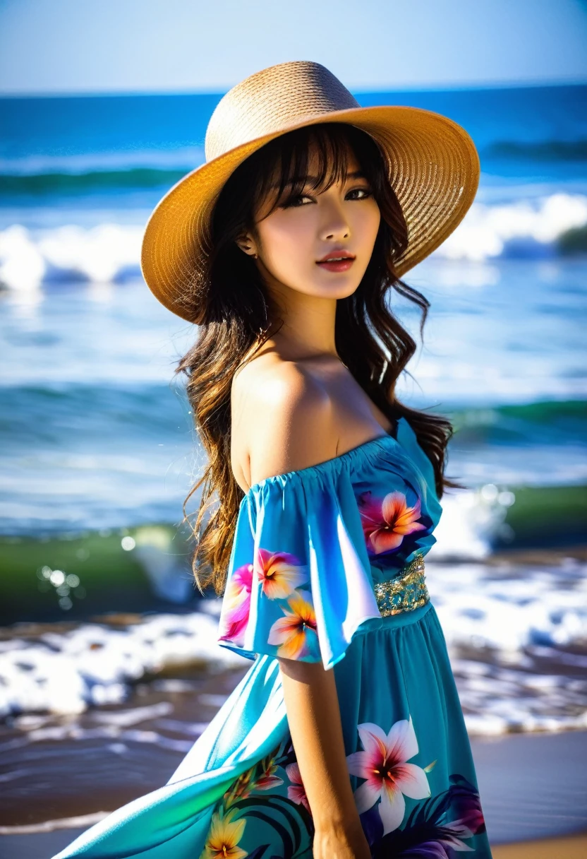a modern asian girl at beach spot wearing hats with full dress