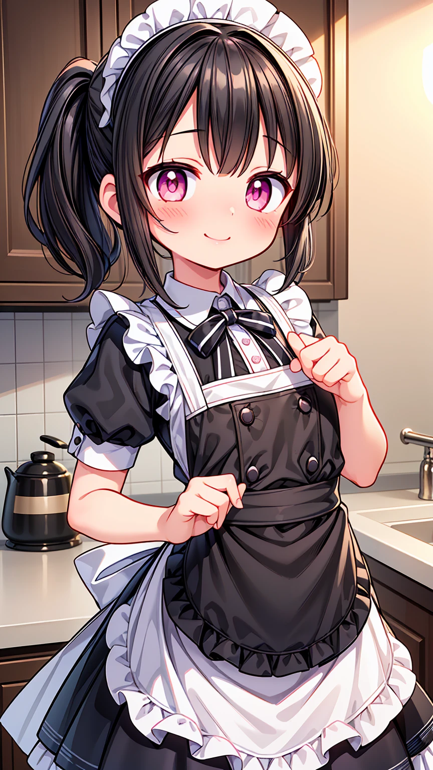 (Highest image quality), (highest quality), (masterpiece), (dynamic lighting), (photo realism), maid uniform, detailed face, ((loli)), ((girl)), (little curve), short black hair, one side ponytail hairstyle, pink eyes, ((very small bust)), (apron), smile, winking, kitchen background, ((very blushing)), ((detailed hands and fingers)), viewer perspective from below, (blush), more detailed