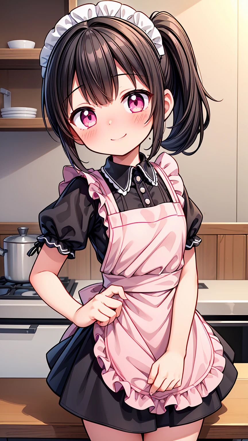 (Highest image quality), (highest quality), (masterpiece), (dynamic lighting), (photo realism), maid uniform, detailed face, ((loli)), ((girl)), (little curve), short black hair, one side ponytail hairstyle, pink eyes, ((very small bust)), (apron), smile, winking, kitchen background, ((very blushing)), ((detailed hands and fingers)), viewer perspective from below, (blush), more detailed