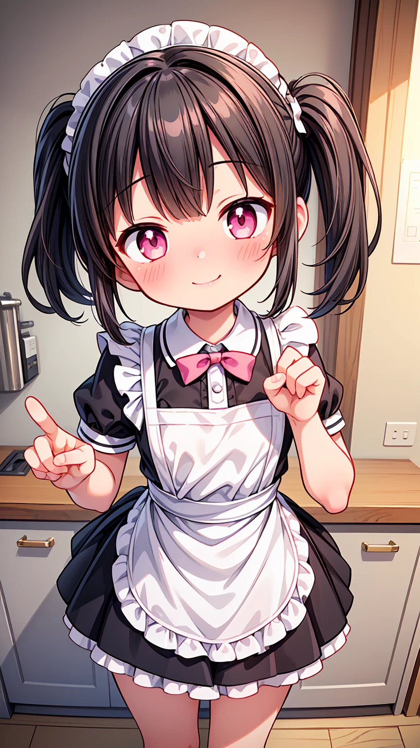 (Highest image quality), (highest quality), (masterpiece), (dynamic lighting), (photo realism), maid uniform, detailed face, ((loli)), ((girl)), (little curve), short black hair, one side ponytail hairstyle, pink eyes, ((very small bust)), (apron), smile, winking, kitchen background, ((very blushing)), ((detailed hands and fingers)), viewer perspective from below, (blush), more detailed