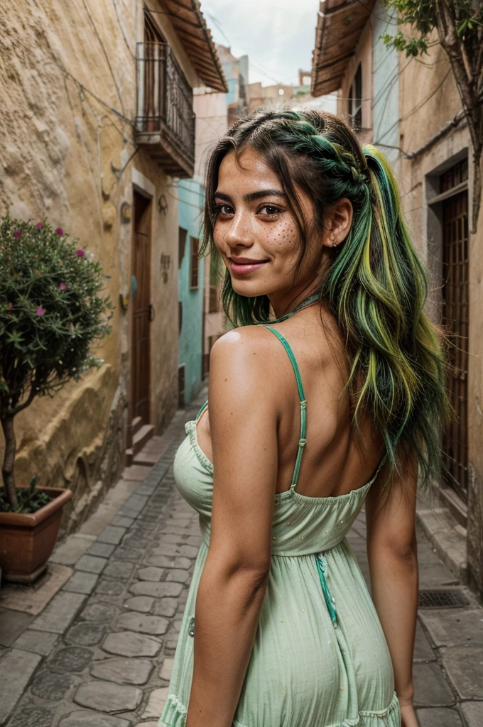 [[((young attractive Mexican woman with subtle green streaks in her hair and light freckles:1.5)), ((Martina Sánchez:1.4)), walking through the colorful streets of Guanajuato, with her body facing the camera. Martina is wearing ((a stylish sundress with vibrant patterns:1.3)) and a backpack. She has a joyful, energetic smile. The background features the vibrant, colorful buildings and cobblestone streets of Guanajuato. The scene is captured with a ((digital SLR:1.3)) using a ((24-70mm zoom lens:1.3)) for versatility in framing. Post-production focuses on enhancing the natural colors, highlighting the subtle green streaks in her hair and light freckles, and adding a ((soft bokeh effect:1.2)) to the background. The image should be in ((8K resolution:1.2)) with ((hyper-realistic detail:1.4)). The focus is on Martina's unique hair and vibrant smile, capturing her as a lively travel blogger.]]
