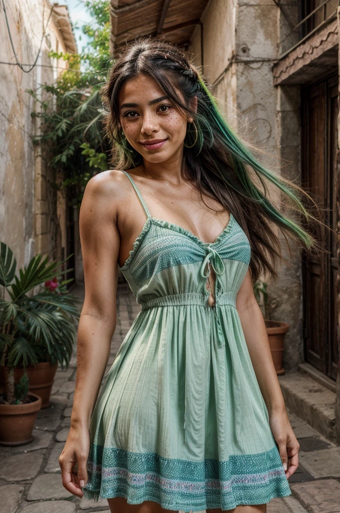 [[((young attractive Mexican woman with subtle green streaks in her hair and light freckles:1.5)), ((Martina Sánchez:1.4)), walking through the colorful streets of Guanajuato, with her body facing the camera. Martina is wearing ((a stylish sundress with vibrant patterns:1.3)) and a backpack. She has a joyful, energetic smile. The background features the vibrant, colorful buildings and cobblestone streets of Guanajuato. The scene is captured with a ((digital SLR:1.3)) using a ((24-70mm zoom lens:1.3)) for versatility in framing. Post-production focuses on enhancing the natural colors, highlighting the subtle green streaks in her hair and light freckles, and adding a ((soft bokeh effect:1.2)) to the background. The image should be in ((8K resolution:1.2)) with ((hyper-realistic detail:1.4)). The focus is on Martina's unique hair and vibrant smile, capturing her as a lively travel blogger.]]
