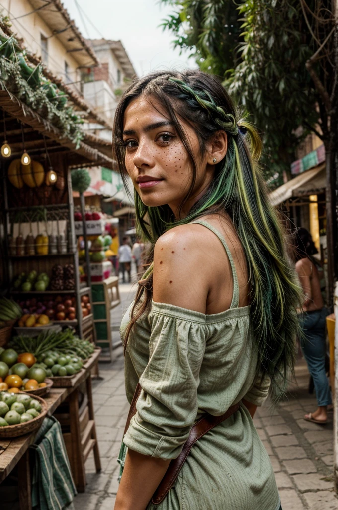 [[((young attractive Mexican woman with subtle green streaks in her hair and light freckles:1.5)), ((Martina Sánchez:1.4)), exploring the markets of Oaxaca, with her body facing the camera. Martina is wearing ((a casual chic outfit:1.3)) with a small backpack and holding a local craft. She has an inquisitive, happy expression. The background features the bustling market stalls and vibrant local atmosphere of Oaxaca. The scene is captured with a ((digital SLR:1.3)) using a ((50mm prime lens:1.3)) for a balanced perspective. Post-production focuses on enhancing the natural colors, highlighting the subtle green streaks in her hair and light freckles, and adding a ((soft bokeh effect:1.2)) to the background. The image should be in ((8K resolution:1.2)) with ((hyper-realistic detail:1.4)). The focus is on Martina's unique hair and inquisitive expression, highlighting her as an engaging travel blogger.]]
