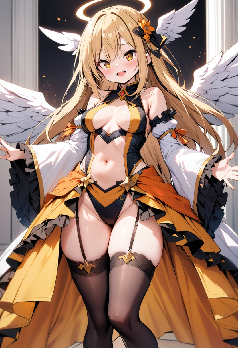 masterpiece, best quality, solo, 1girl, blonde-hair, wings, thighhighs, (very-long-hair), smile, wide-sleeves, navel, hair-ornament, blush, looking-at-viewer, detached-sleeves, open-mouth, frills, outstretched-arms, black-thighhighs, dress, oragen-eyes, half-closed-eyes, long-sleeves, bangs, breasts, center-opening, standing, angel-wings, white-wings, garter-straps, flower, parted-lips, bare-shoulders, navel-cutout