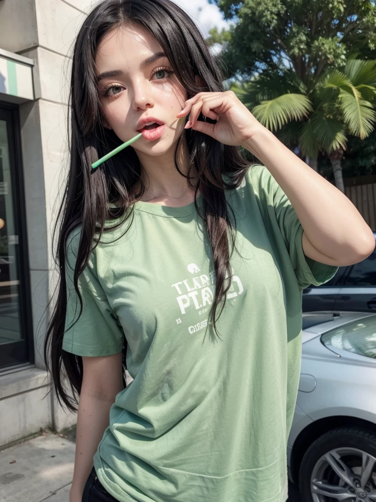 Hot girl, black hair, (brunette), green eyes, black small t-shirt , licking a lollipop. Cute