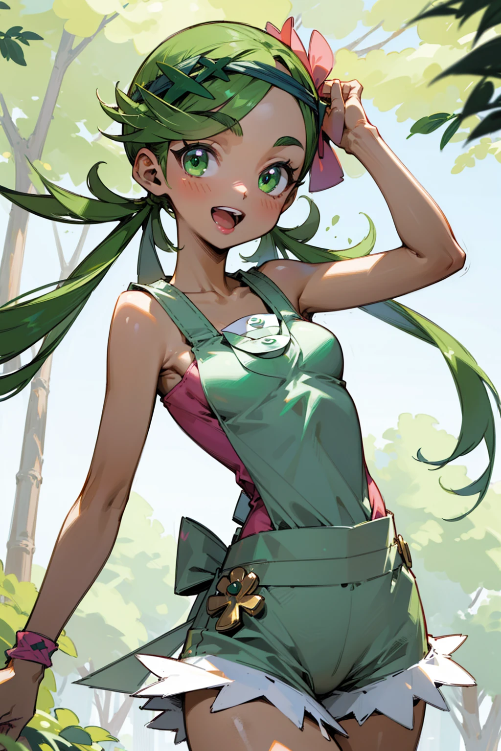 (Masterpiece), Best Quality, ultra-detailed, 1girl(zodiac_mallow , lovely small breasts, dark skin , green hair, long hair, twintails, headband, pink flower in hair, green eyes, half-closed eyes), a playful face , smile, parted lips(teeth), solo, head tilt, look to the side, denim overalls, backpack , outdoor, forest, , on the rock, straddle, sitting on rock, spread legs