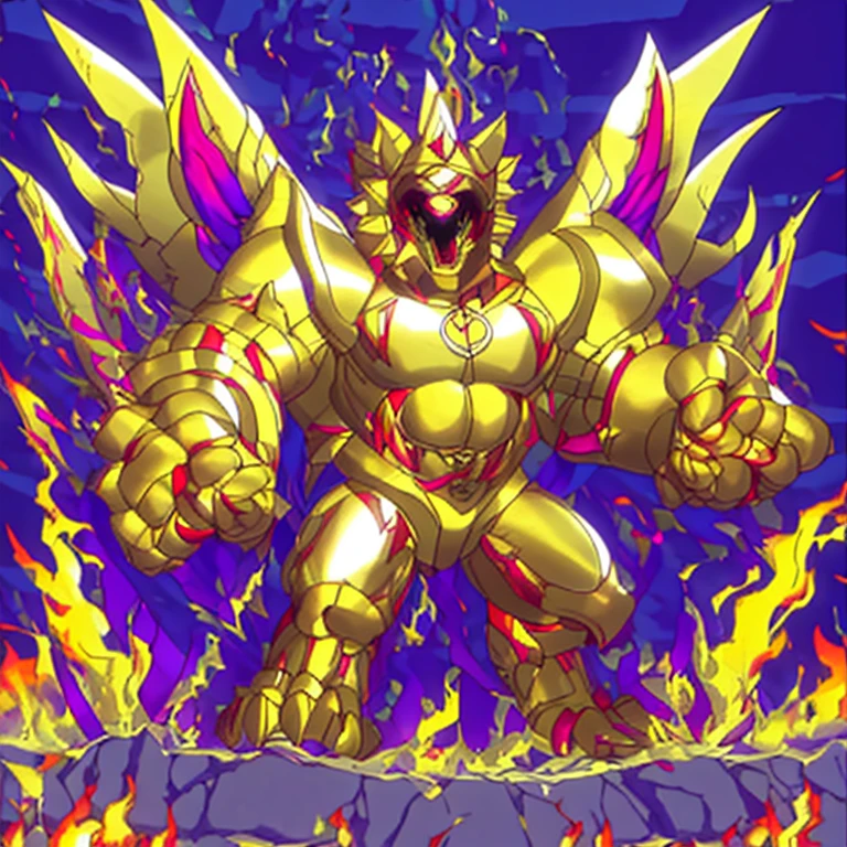 (masterpiece. official art. 8k. best quality. detailed full body. full body.)

(situation 1 : dominating The Phoenix Wolf. The Phoenix Wolf is over 1000 meters long. focus GIANT mechanical Muscular The Phoenix Wolf is trampling the car. Looking down.)

(situation 2 :smoke and flames rising from the destruction in the city)

(Additional details 1: Wearing golden Armor. Cape. Helmet. real texture material. whole body shines like metal. emphasizes the muscles. suit fully made of metal.Robotic suit).

(Additional details 1.5: The arms are golden. The lower half of the body is golden. The wolf-shaped helmet has sharp fangs. The whole body is golden. There is a ring above the head. It has rainbow-colored wings.).

(Additional details 2: Detailed head. Detailed Body. Detailed abs. gigantic muscles. HYPER MUSCLES. Gigachad Muscular. big muscle. pecs. triceps. traps. unusually developed muscular body. body full of huge muscles. showing off muscles. pectorales enormes. Exaggeratedly huge muscles. huge muscles. long legs.).

(Additional details 3:Spread wings. It has wings. The claws are sharp. Sharp teeth.). He is laughing defiantly. The claws are sharp. Sharp teeth.). 

(Additional details 3.5 : nj5furry,  He is laughing defiantly. medieval armor.). (Additional details 4: golden hyper penis. hyper golden penis. big penis) Chrome Armor