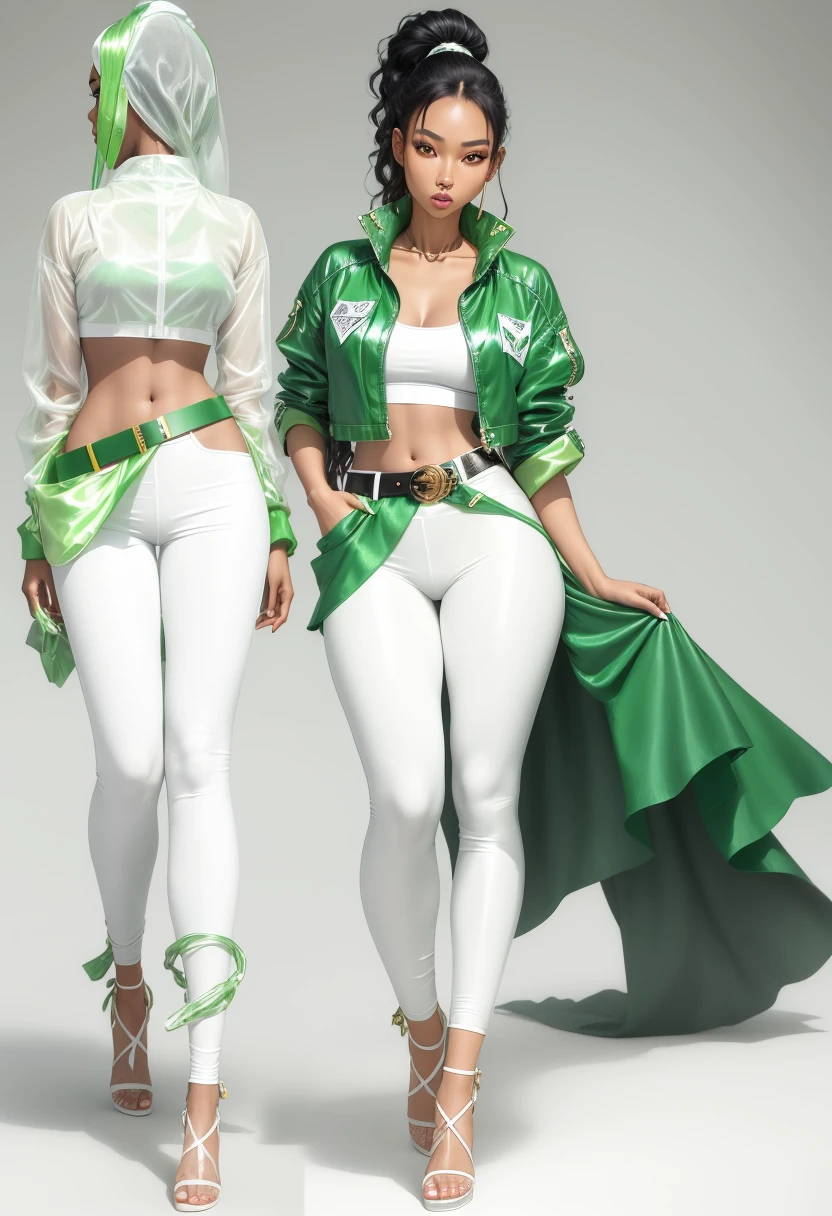 A model, beautiful mixed race Nigerian and Korean woman aged 27years. Wearing a belt made of shiny green silk. Informal messy design. Loosely twisted and wrapped material, makeshift belt. Being worn over white shiny leggings.  White open-toe platform sole shoes. Pale green denim jacket. White transparent t-shirt 