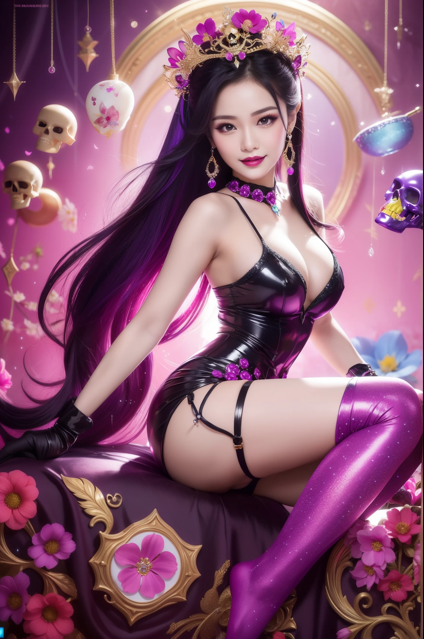 sexy Thai model who controls poison、beautiful smile、lipgloss、bold lipstick、intense makeup、look at the camera、full body Esbian、、sparkling poisoned flower costume、、、、sparkling Colorful hair、secrete poison、skull hair accessories、sexy tights、shiny sparkling flowers background