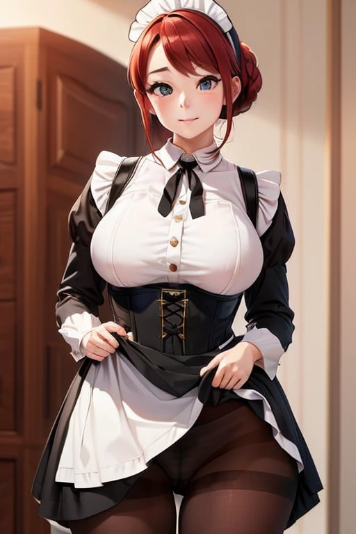 Beautiful woman, peach skin, ((masterpiece)), red hair in a bun, wearing black corset and black short skirt, tight, massive breasts, hourglass body, very wide hips, big thighs, pantyhose, maid costume