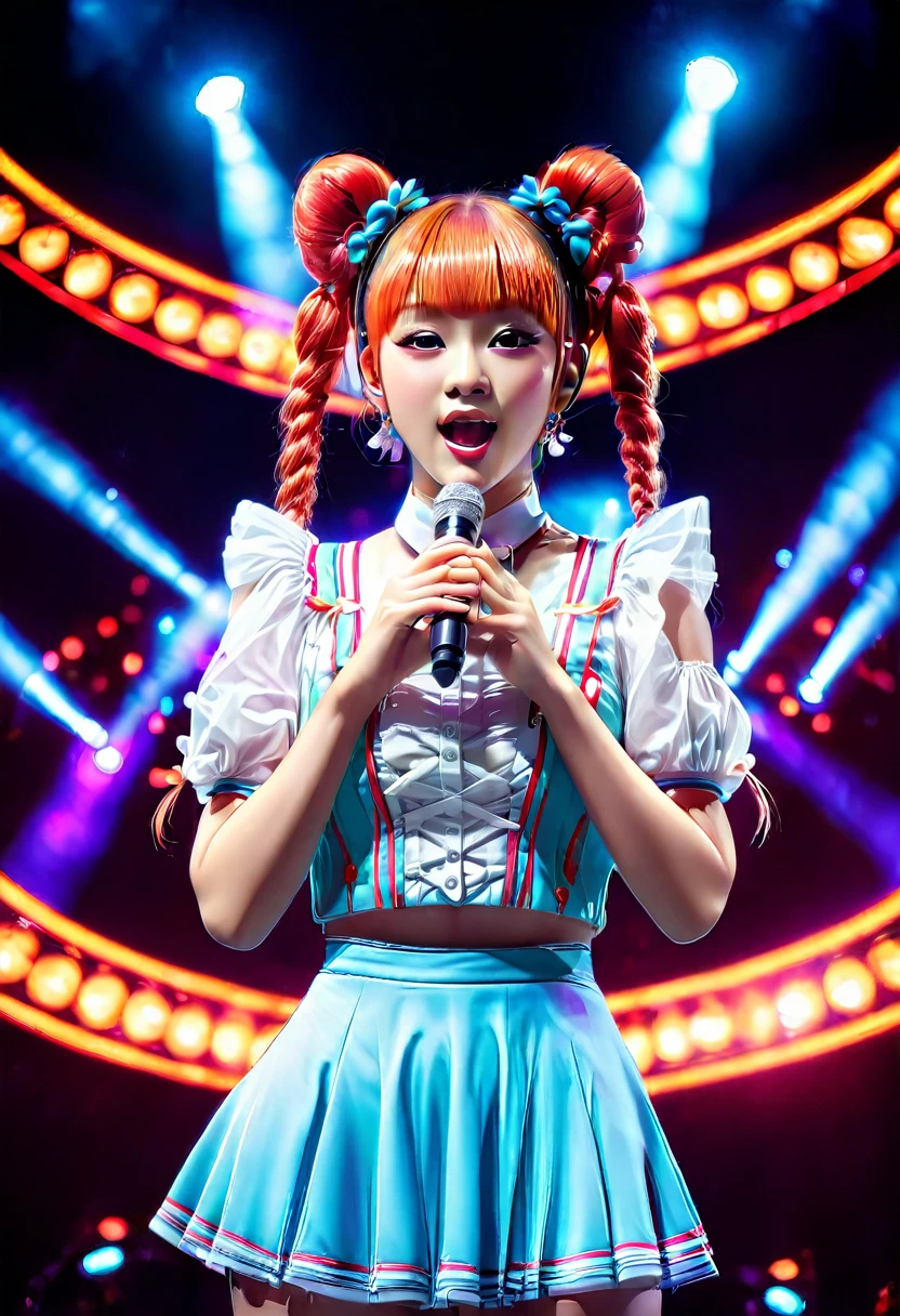 A beautiful young idol girl with twin tails is singing on the stage at a concert。bust:1.5、(Highest quality、4K、8K、High resolution、masterpiece:1.2)、Super detailed、(Real、Photorealistic、Photorealistic:1.37)、Delicate facial features、Highly detailed eyes and face、Complex hairstyles、Expressive pose、Colorful stage lights、Dynamic Performance、Bright colors、Glowing Skin、Professional photography
