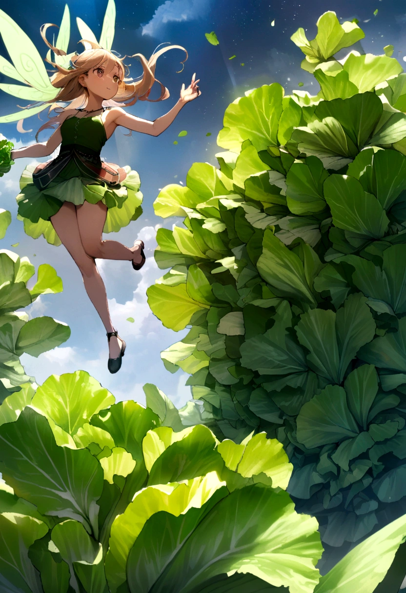 a  fairy flying over a pile of Lettuce, holding one Lettuce on her hand