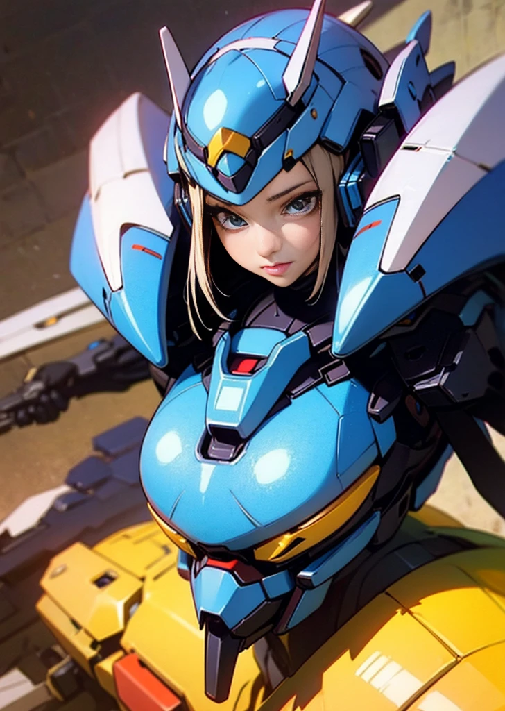 Highest image quality, outstanding details, ultra-high resolution, (realism: 1.4), the best illustration, favor details, highly condensed 1girl, with a delicate and beautiful face, gigantic ,sexy dressed in a black and blue mecha, wearing a mecha helmet, holding a directional controller, riding on a mechnized, the background is a high-tech lighting scene of the future city.