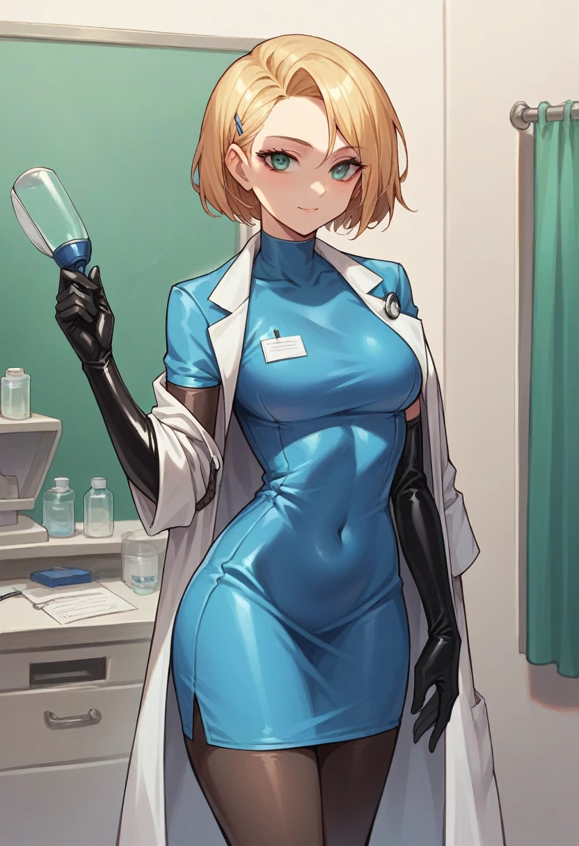 1girl, ((black elbow gloves)), ((surgical gloves)), ((latex gloves)), ((long sleeves)) ((blue surgeon outfit)), looking at viewer, ((doctor)), standing, solo