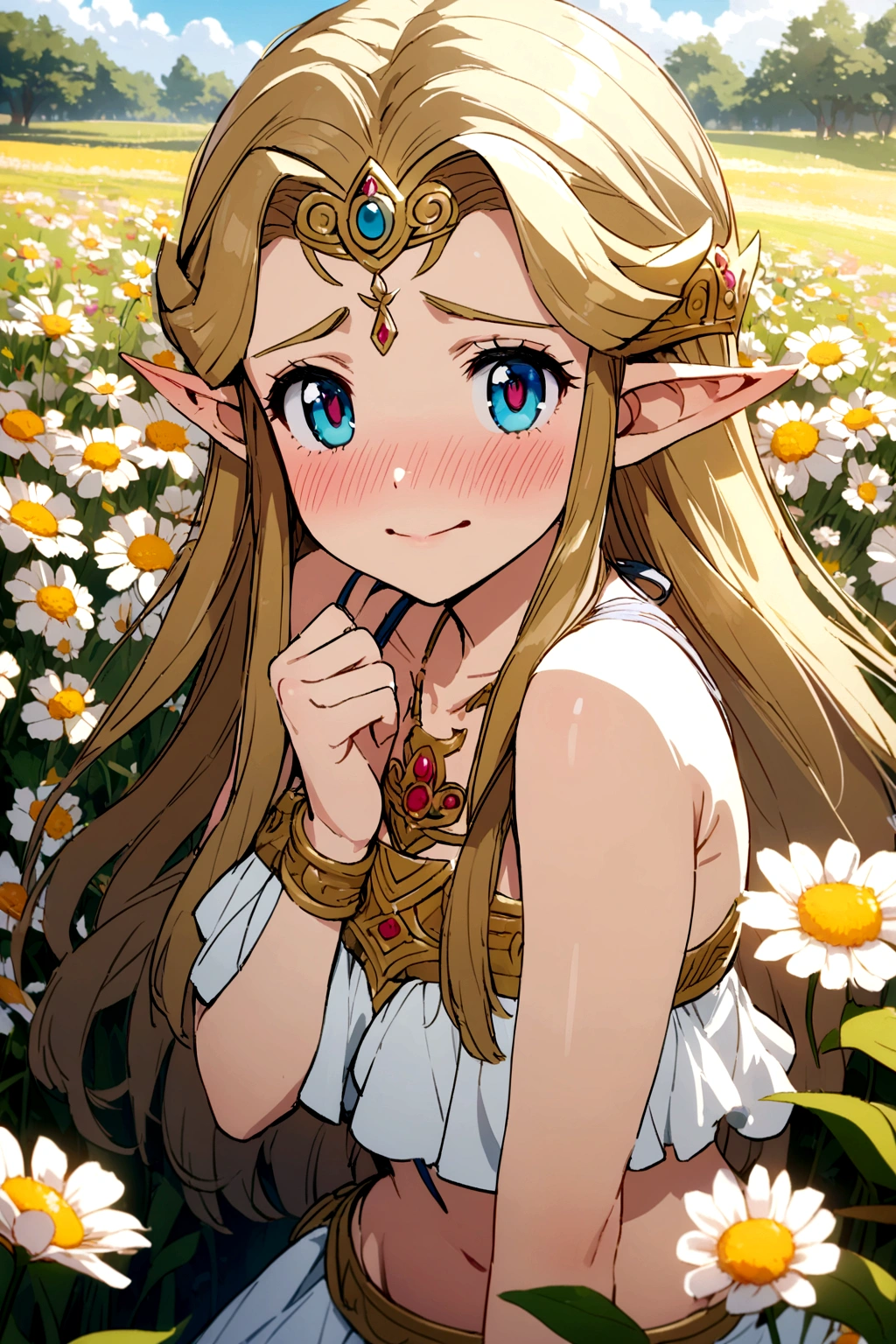 Princess zelda, bikini, shy laugh, blushing, looking at viewer, outside, sunny, field of flowers