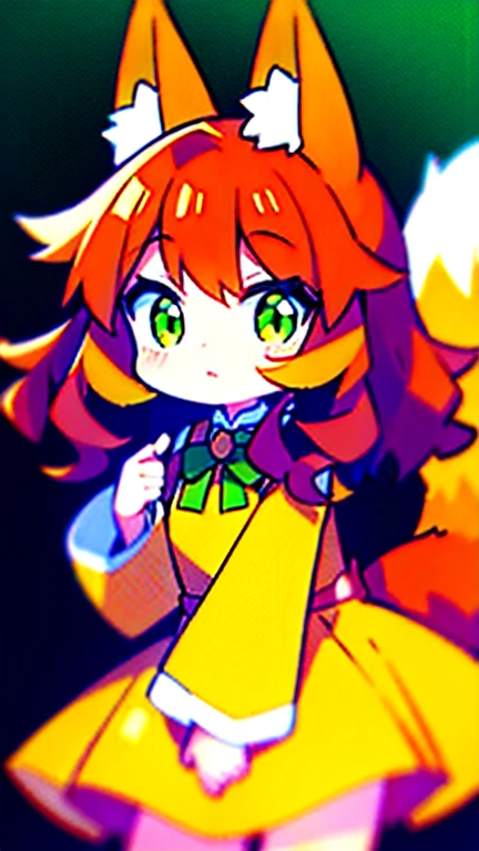 fox demi-human girl, Brown-curly-hair, green eyes, wearing a yellow dress with longs sleeves and red bowtie. (fox), (fox tail), :3