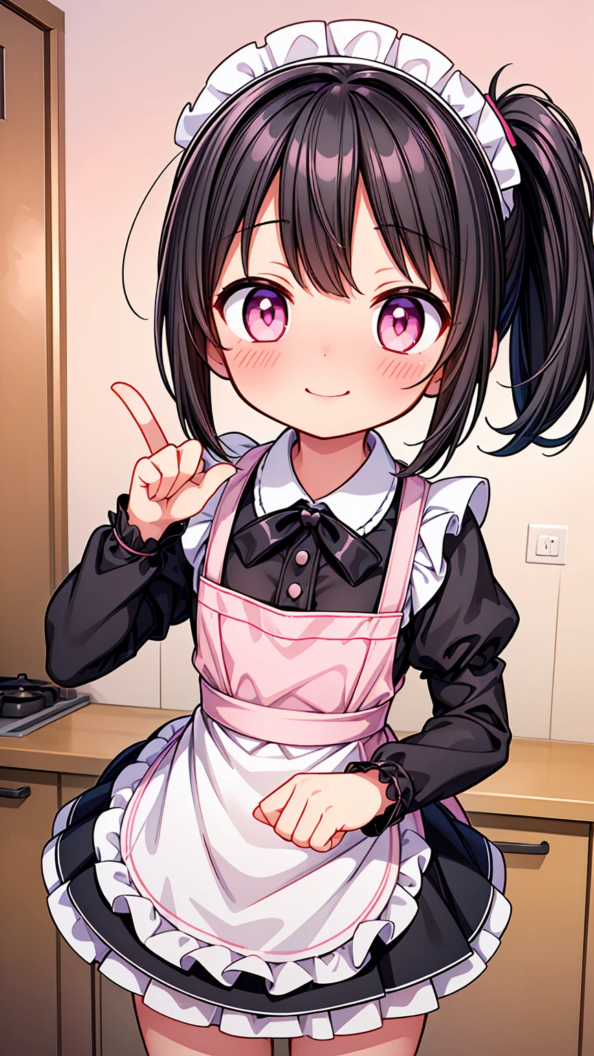(Highest image quality), (highest quality), (masterpiece), (dynamic lighting), (photo realism), maid uniform, detailed face, (()), ((girl)), (little curve), short black hair, one side ponytail hairstyle, pink eyes, ((very small bust)), (apron), smile, winking, kitchen background, ((very blushing)), ((detailed hands and fingers)), viewer perspective from below, (blush), more detailed