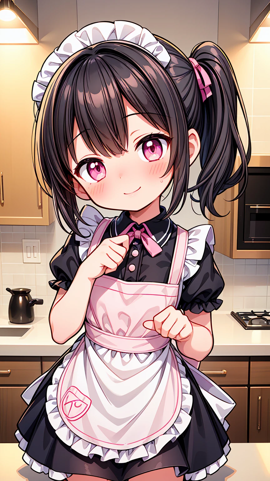 (Highest image quality), (highest quality), (masterpiece), (dynamic lighting), (photo realism), maid uniform, detailed face, ((loli)), ((girl)), (little curve), short black hair, one side ponytail hairstyle, pink eyes, ((very small bust)), (apron), smile, winking, kitchen background, ((very blushing)), ((detailed hands and fingers)), viewer perspective from below, (blush), more detailed