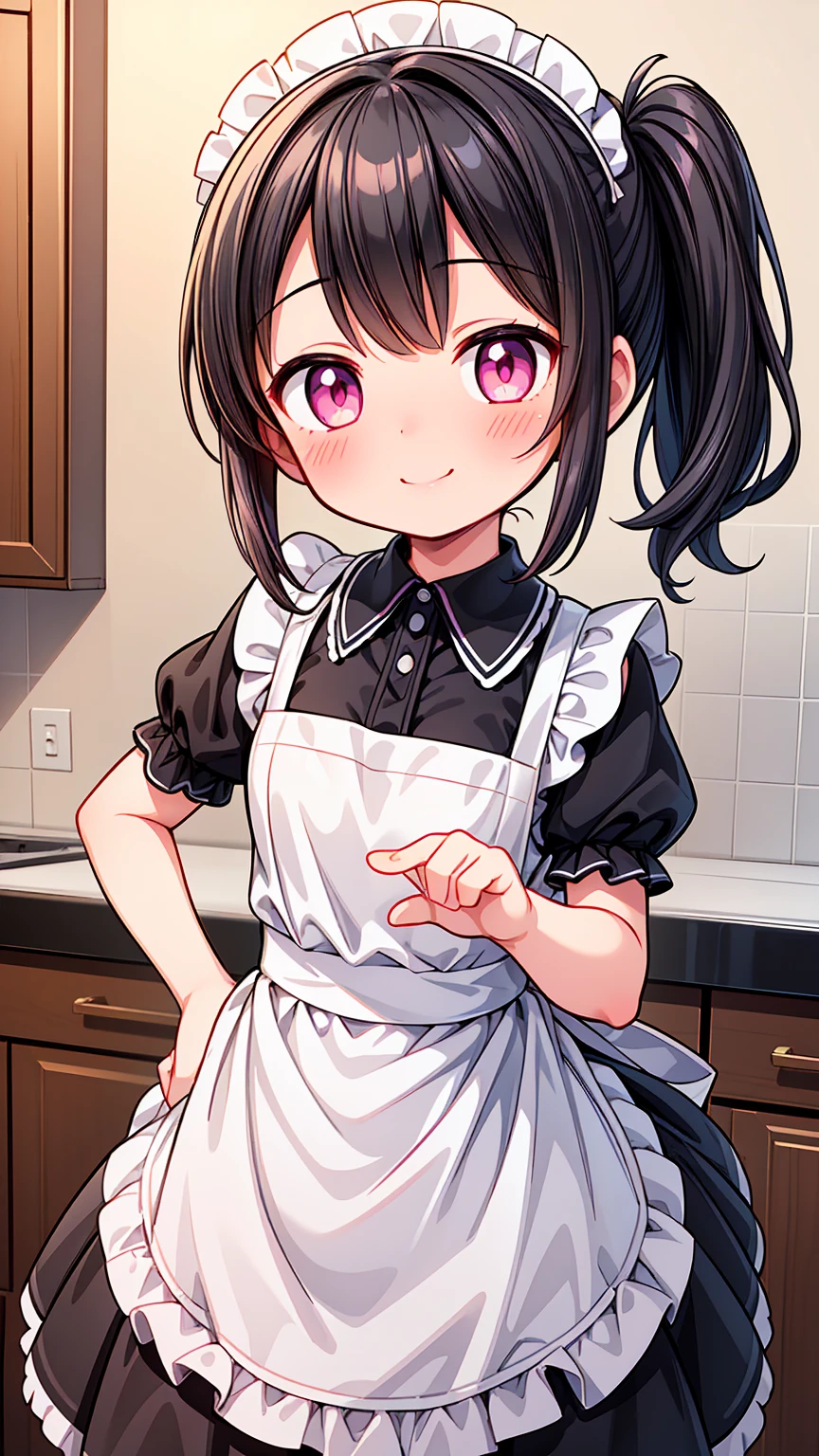 (Highest image quality), (highest quality), (masterpiece), (dynamic lighting), (photo realism), maid uniform, detailed face, (()), ((girl)), (little curve), short black hair, one side ponytail hairstyle, pink eyes, ((very small bust)), (apron), smile, winking, kitchen background, ((very blushing)), ((detailed hands and fingers)), viewer perspective from below, (blush), more detailed