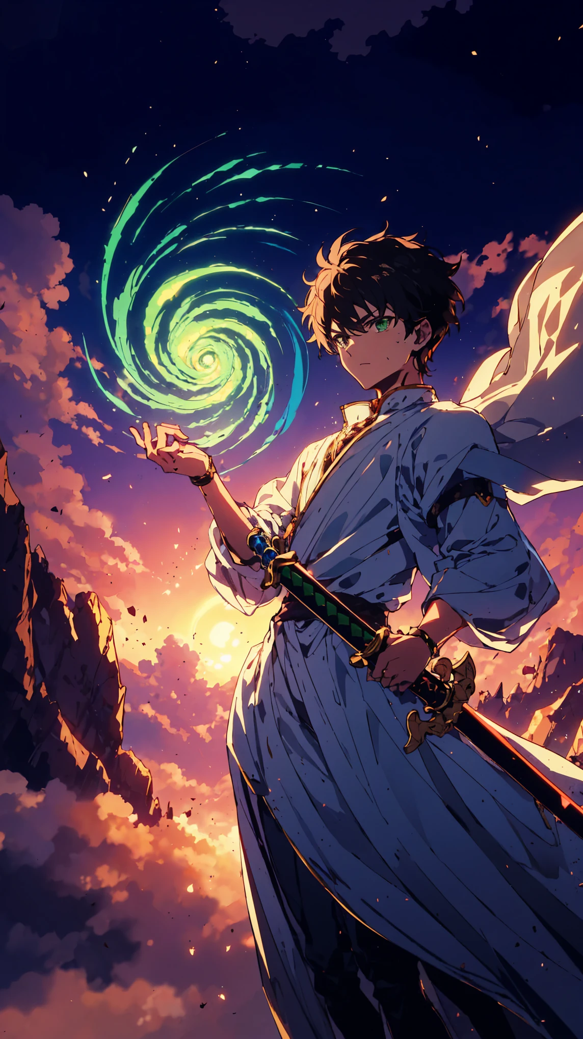teenager with short, windswept hair, dressed in a flowing white kurta, stands atop a rocky mountain peak at sunset. They hold a gleaming longsword in their right hand, while their left hand gathers a swirling vortex of emerald green energy – a representation of their earth manipulation power, ((Sword kept in scabbard):1.2), ((Holding power in hand):1.2) 