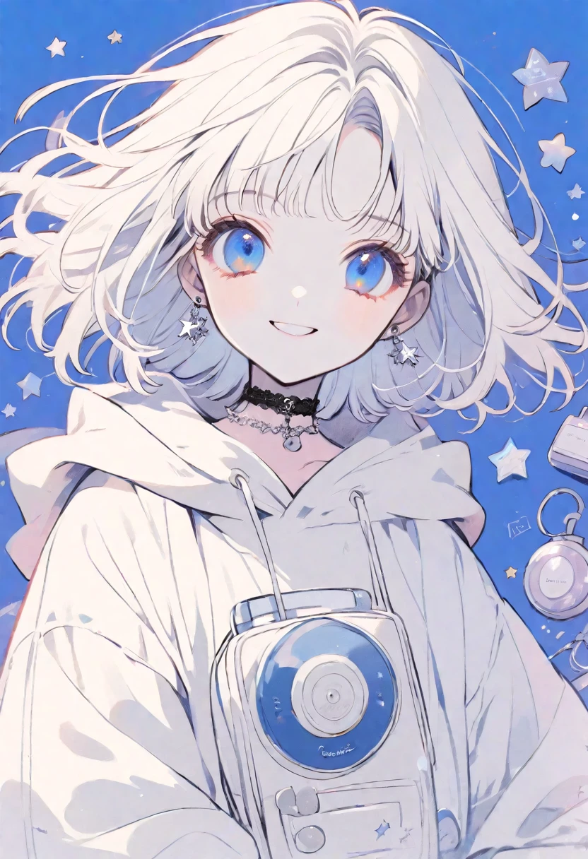 solo,handsome, monotone,
1. Female,
,Straight Hair,Bob Hair, Bob,
White hair,
Kazuka Nakano ,
blue eyes,Soft look,beautiful,beautiful,ta,Darkness,Lots of silver earrings,choker,
White Distressed jeans, hoodie ,smile,skin,buzzer,
birthday,Star,heart,
simple background ,
Blue background,