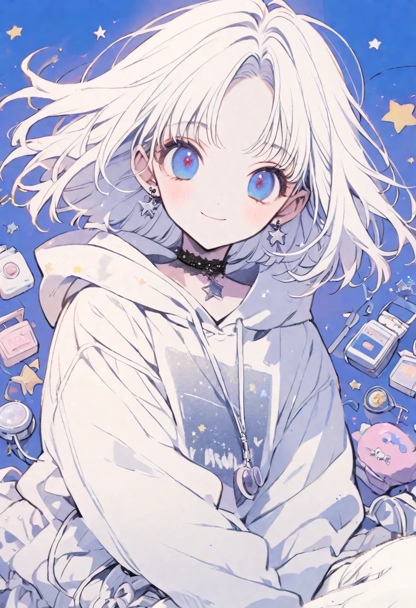 solo,handsome, monotone,
1. Female,
,Straight Hair,Bob Hair, Bob,
White hair,
Kazuka Nakano ,
blue eyes,Soft look,beautiful,beautiful,ta,Darkness,Lots of silver earrings,choker,
White Distressed jeans, hoodie ,smile,skin,buzzer,
birthday,Star,heart,
simple background ,
Blue background,
