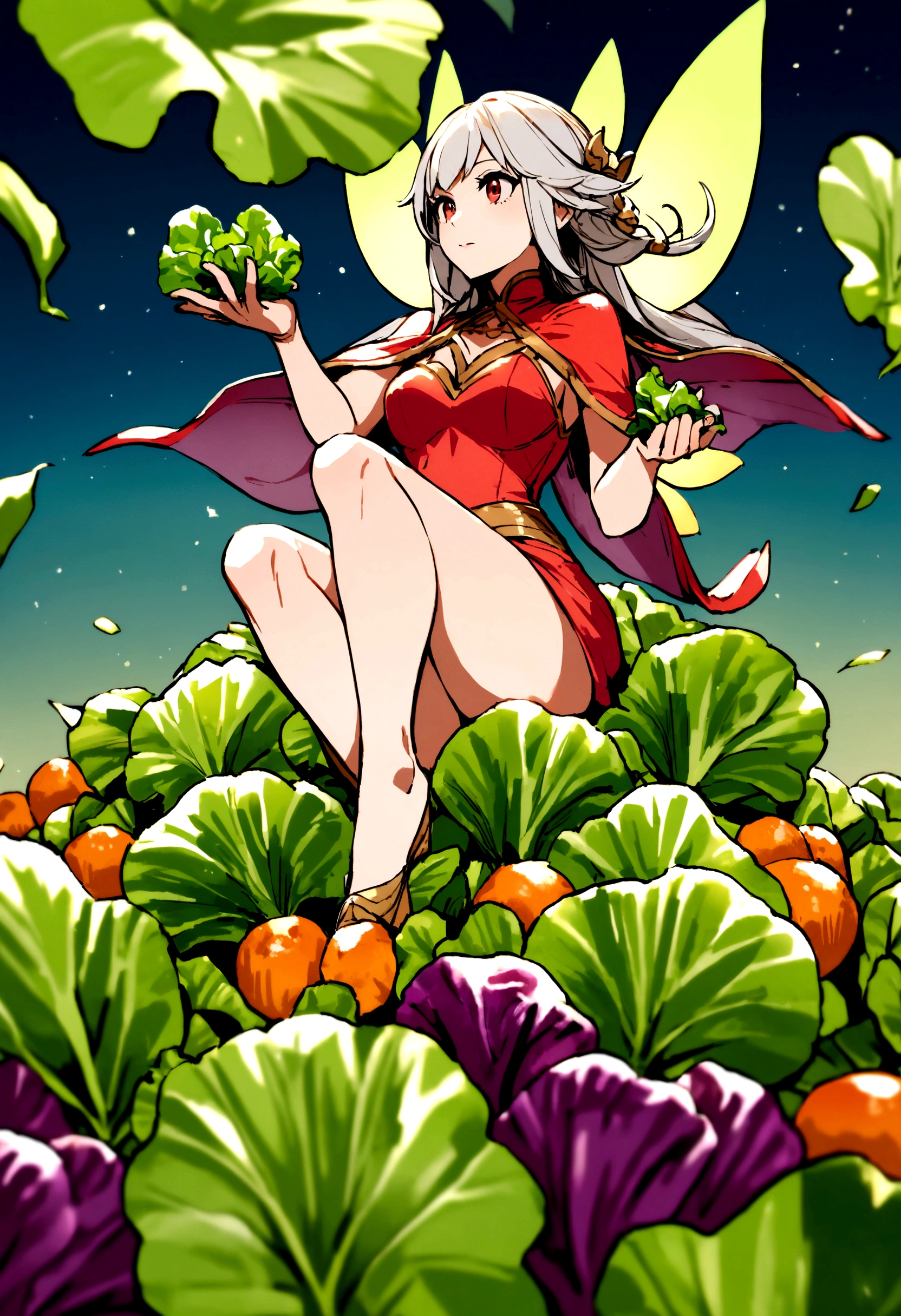 a fairy flying over a pile of Lettuce, holding one Lettuce on her hand