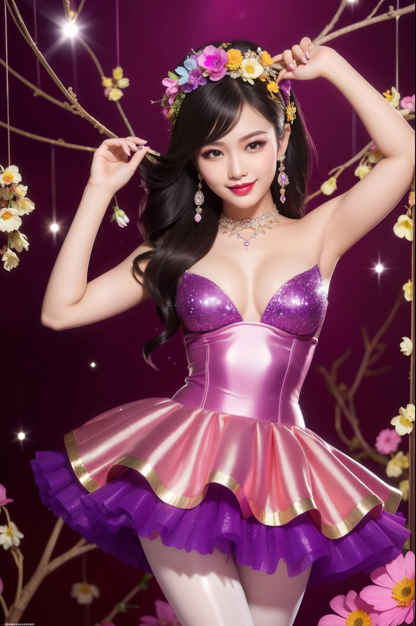 sexy Thai model who controls poison、beautiful smile、lipgloss、bold lipstick、intense makeup、look at the camera、full body Esbian、、sparkling poisoned flower costume、、、、sparkling Colorful hair、secrete poison、skull hair accessories、sexy tights、shiny sparkling flowers background