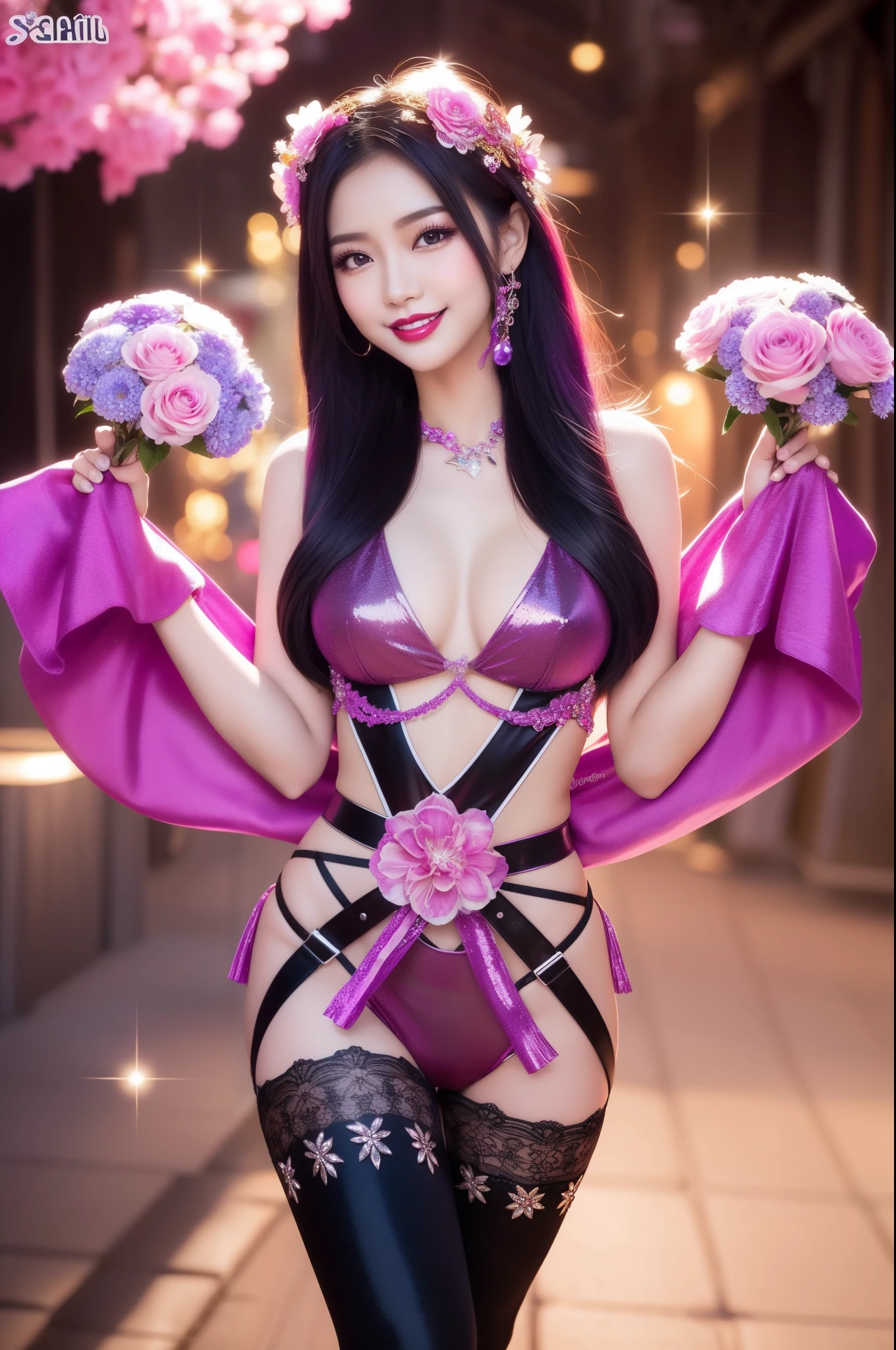 sexy Thai model who controls poison、beautiful smile、lipgloss、bold lipstick、intense makeup、look at the camera、full body Esbian、、sparkling poisoned flower costume、、、、sparkling Colorful hair、secrete poison、skull hair accessories、sexy tights、shiny sparkling flowers background