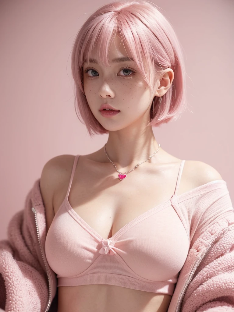 Cute girl short pink hair, with two bows on each side of the hair, all her hair short pink , with a star clip in her pink hair, light colored eyes, pretty eyes, crying eyes, pretty, upturned nose, watery nose, Pretty lips, pink lips, heart and cupid shaped lip, pretty skin, pale, White skin, with moles and freckles all over his face, soft pink blush on the cheeks, natural pink blush, soft pink makeup, Jennie, nice neck, marked collar, frown, tender look, with a kiss necklace, a pretty kiss necklace, similar to Yumeko Jabami, while wearing a Crochet YK2, woolen, with a YK2 style brown mini skirt, while wearing a jacket with bear prints, while having a bare abdomen, Delgado, marked and pretty, (big breasts, soft breasts, nice breasts), while she is cosplaying the character Yumeko Jabami, The anime Kakegurui, looking to the camera, Photography.