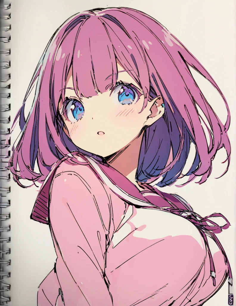 Blue-eyed busty high school girl ピンク色のshort bob sketch 影