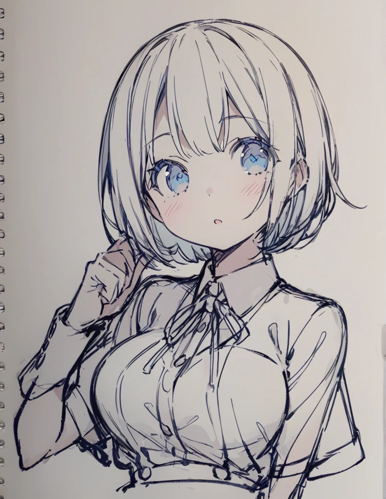 Blue-eyed busty junior high school girl ピンク色のshort bob sketch 影
