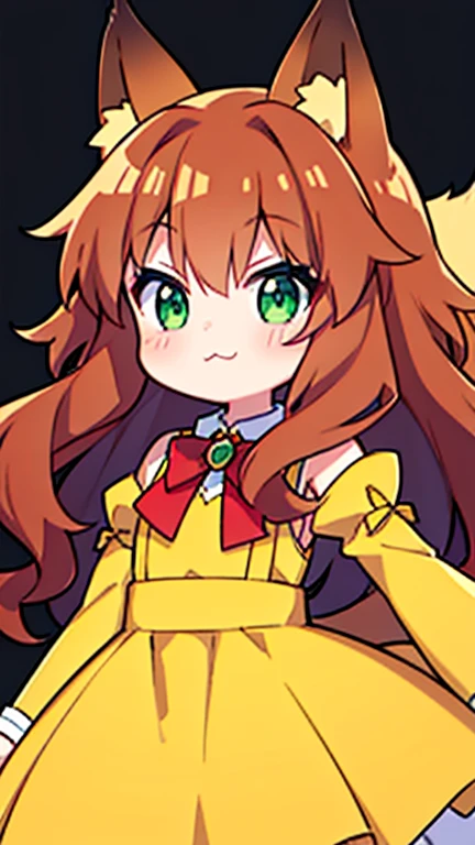 fox demi-human girl, Brown-curly-hair, green eyes, wearing a yellow dress with longs sleeves and red bowtie. (fox), (fox tail), :3 (anime)