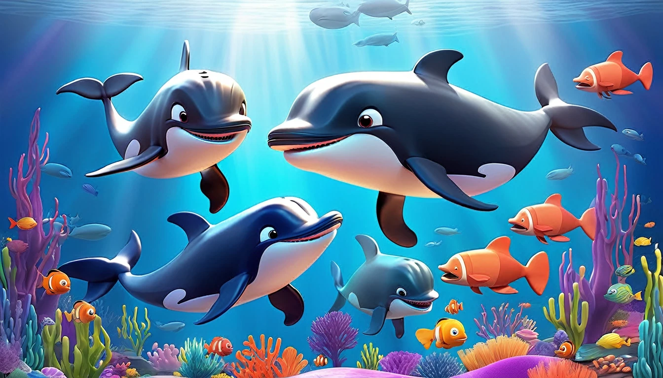Create a 3-D Pixar style art scene for kids featuring a pod of whales swimming together. The scene should be colorful and vibrant, with an ocean background, coral reefs, and schools of fish.The overall mood should be engaging and inviting for young children."