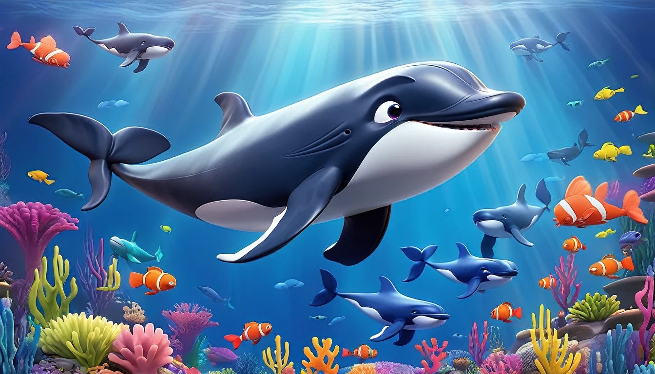Create a 3-D Pixar style art scene for featuring a pod of whales swimming together. The scene should be colorful and vibrant, with an ocean background, coral reefs, and schools of fish.The overall mood should be engaging and inviting for young children."