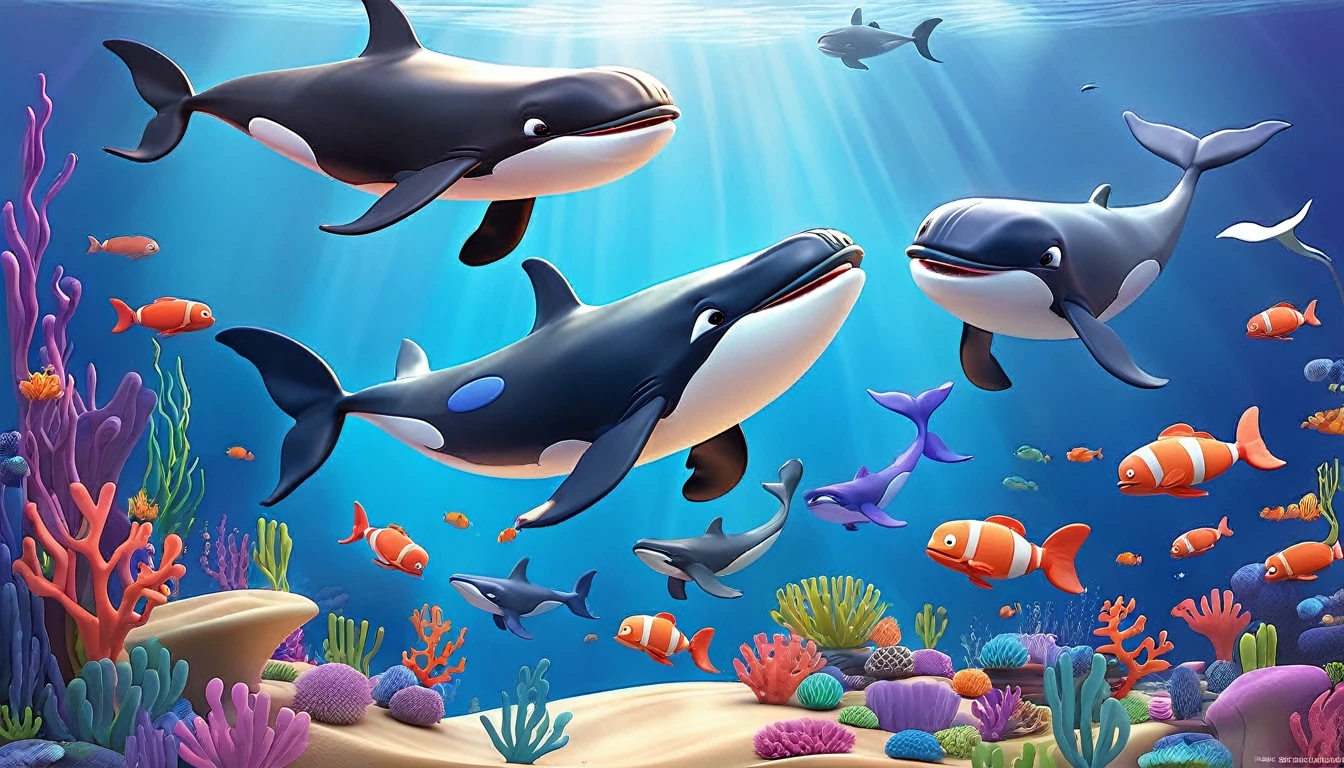 Create a 3-D Pixar style art scene for kids featuring a pod of whales swimming together. The scene should be colorful and vibrant, with an ocean background, coral reefs, and schools of fish.The overall mood should be engaging and inviting for young children."