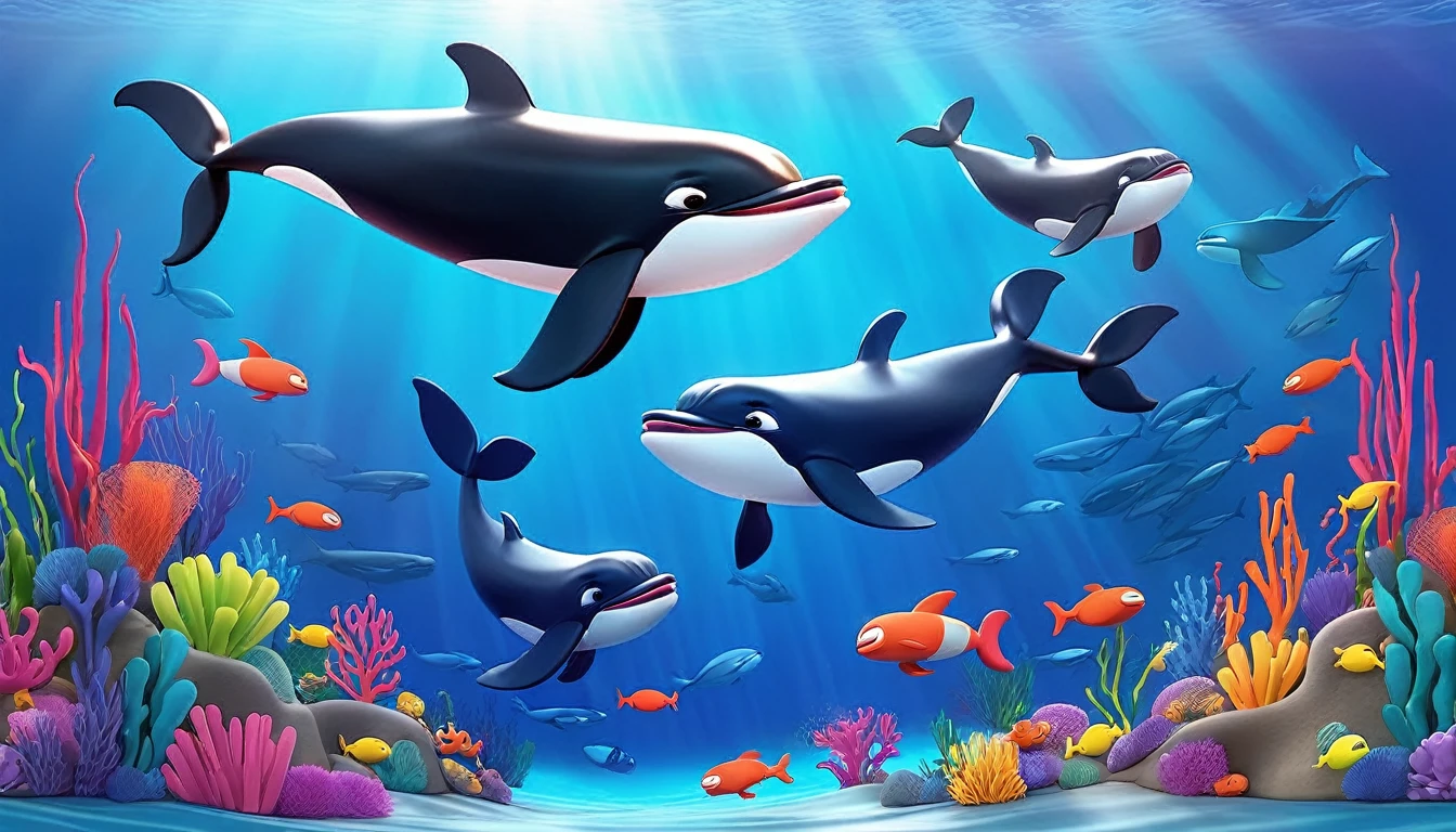 Create a 3-D Pixar style art scene for kids featuring a pod of whales swimming together. The scene should be colorful and vibrant, with an ocean background, coral reefs, and schools of fish.The overall mood should be engaging and inviting for young children."