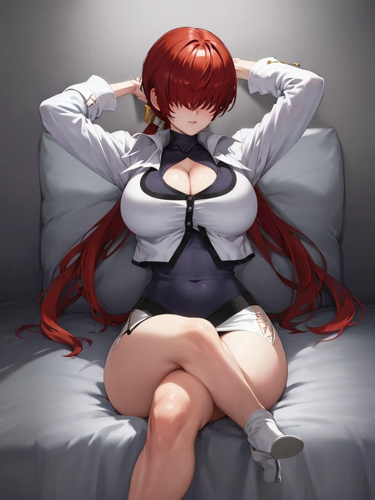 masterpiece, best quality, ultra detailed, looking at viewer, intricate details, rich colors, sharp focus, volumetric lighting, dramatic atmosphere, looking at viewer, 8k, 4k,light particles, highly detailed, detailed eyes, solo, (hair over eyes:1.1), split ponytail, clothing cutout, earrings, jewelry, miniskirt, white skirt, leotard, white jacket, long sleeves, Big , arms behind head, crossed legs,