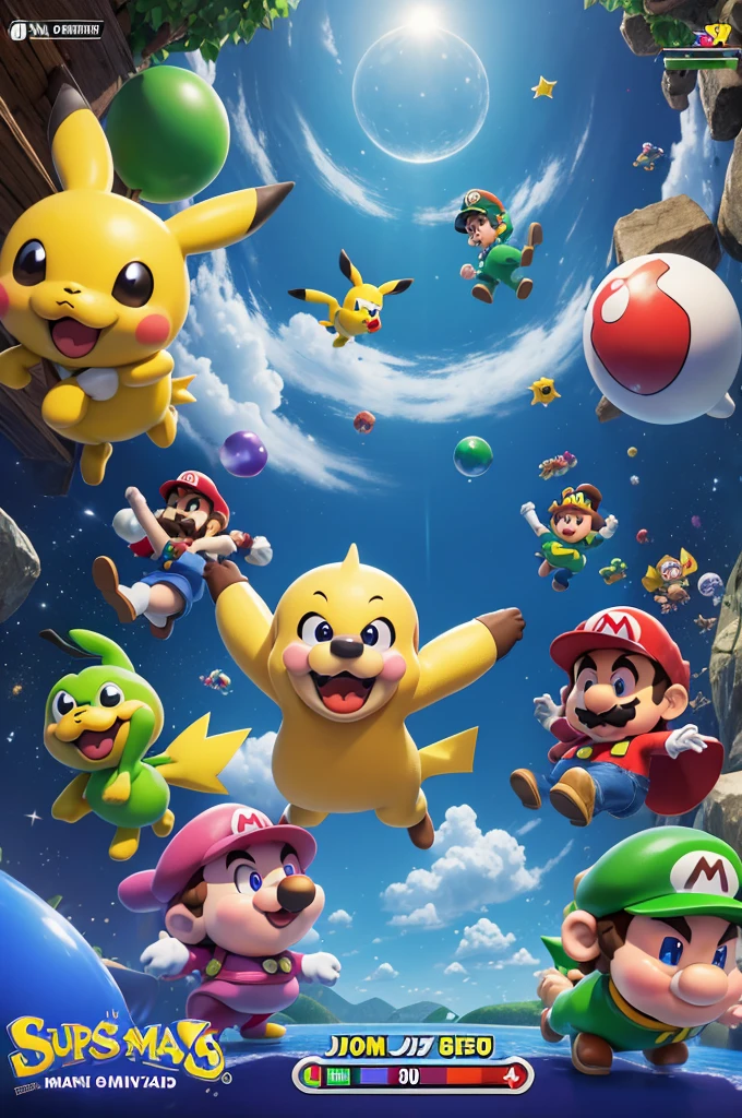 Uma nova de Super Smash Bros 64 um jogo de luta dos presonagems da nintendo o lutadorese são o super mario de super mario bros o pikachu de pokémon o ness de EarthBound o luigi de super mario bros 2 e yoshi de super mario world & super mario world 2, yoshi's lsland with mario firepower and ness with Pk fire and pikachu with lightning power and yoshi who can catch his rivau with his tongue
