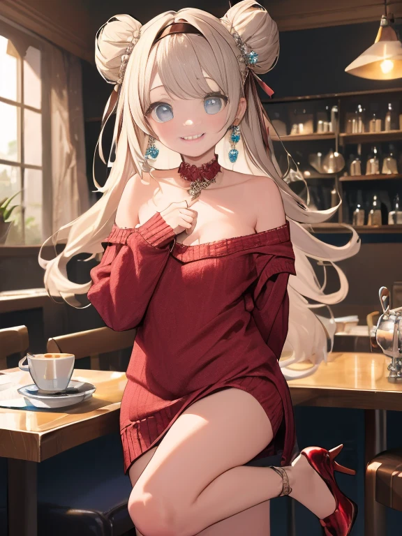 (((Masterpiece))),(((Super Detail))),(((in 8K))),(((best composition))),(((Rim lighting,Fireglow effect,deep shadow))),solo),Beautiful fingers,Detailed finger features,(Detailed hair features:1.7),(Dynamic and sexy bending pose:1.3),detailed facial features,detailed clothes features, (perky chest:1.1), (pointed chest:1.3), delicate beautiful face, Bright blue eyes, cute eyes, sparkling eyes, Big eyes, beautiful detailed eyes,double bun with glittering hair ornament:0.6,(super detailed glossy skin:1.3),slender body,goddess smile,((with sparkling eyes and a contagious smile)),beautiful posture,silver bronde hair, blue eyes, dress, bare shoulders,collarbone, sidelocks, hairband, earrings with jewelry, off shoulder sweater dress, arms behind back:0.4, air plant, long hair with long locks, gold hairband, off-shoulder dress, sweater dress, off-shoulder sweater, red sweater, big side hair, very long side hair,(super delicate floral pattern:1.2),seductive cleavage:1.3,beautiful glossy legs,shiny red high heels,lifting dishes with cup of a coffee,french restaurant,hustle and bustle,rising steam,(((depth of fields)))