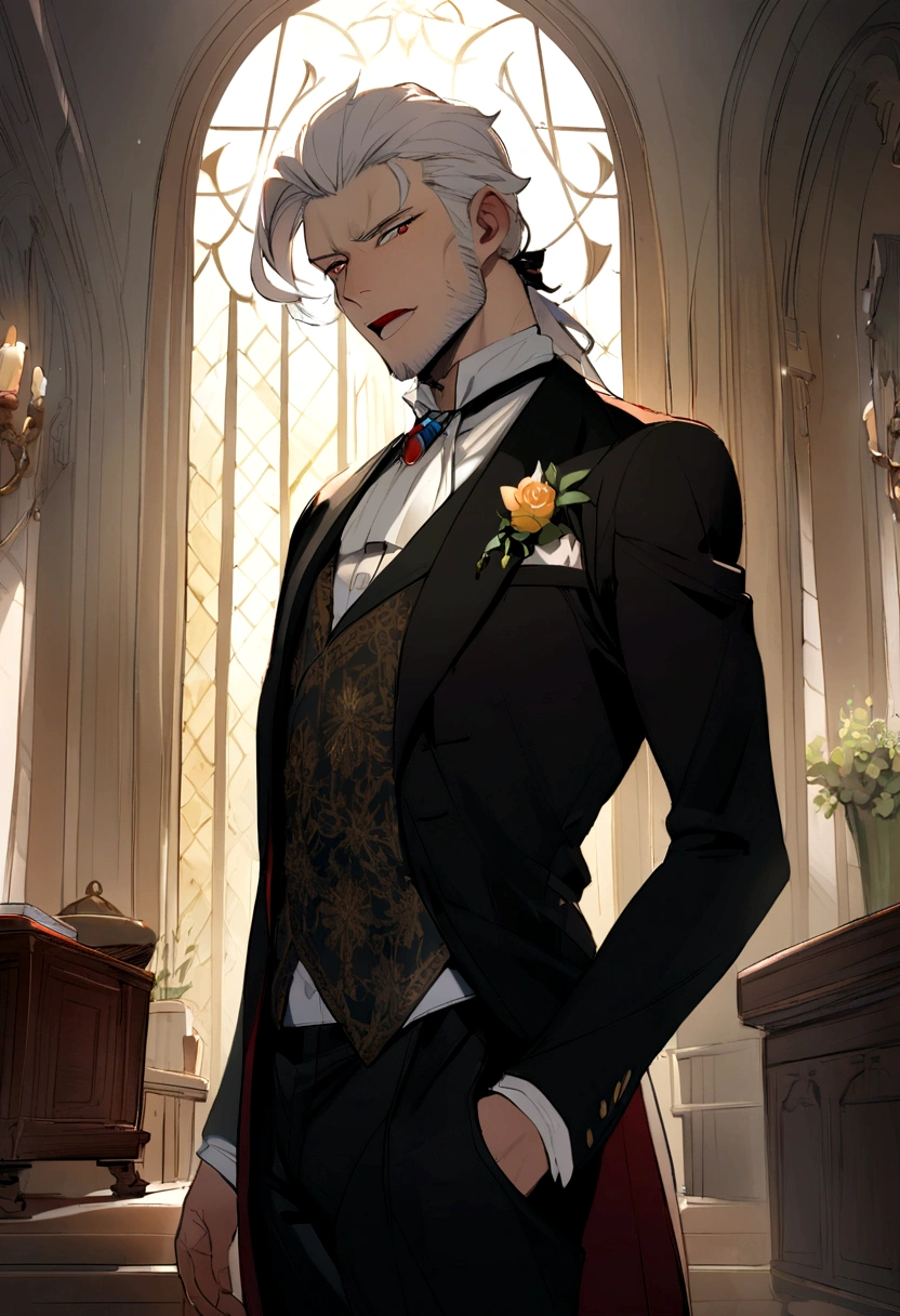 tenet,(personagem de アニメ masculine:1.3),standing alone, 1 naughty man,Eyes red, very long white hair, fulfilled, (black cloak with red details:1.1), high detail digital illustration, (light background:1.1), estilo アニメ, soft facial features, contrasting colours,アニメ,1 naughty man,ssmile,cloused mouth, naughty man, masculine