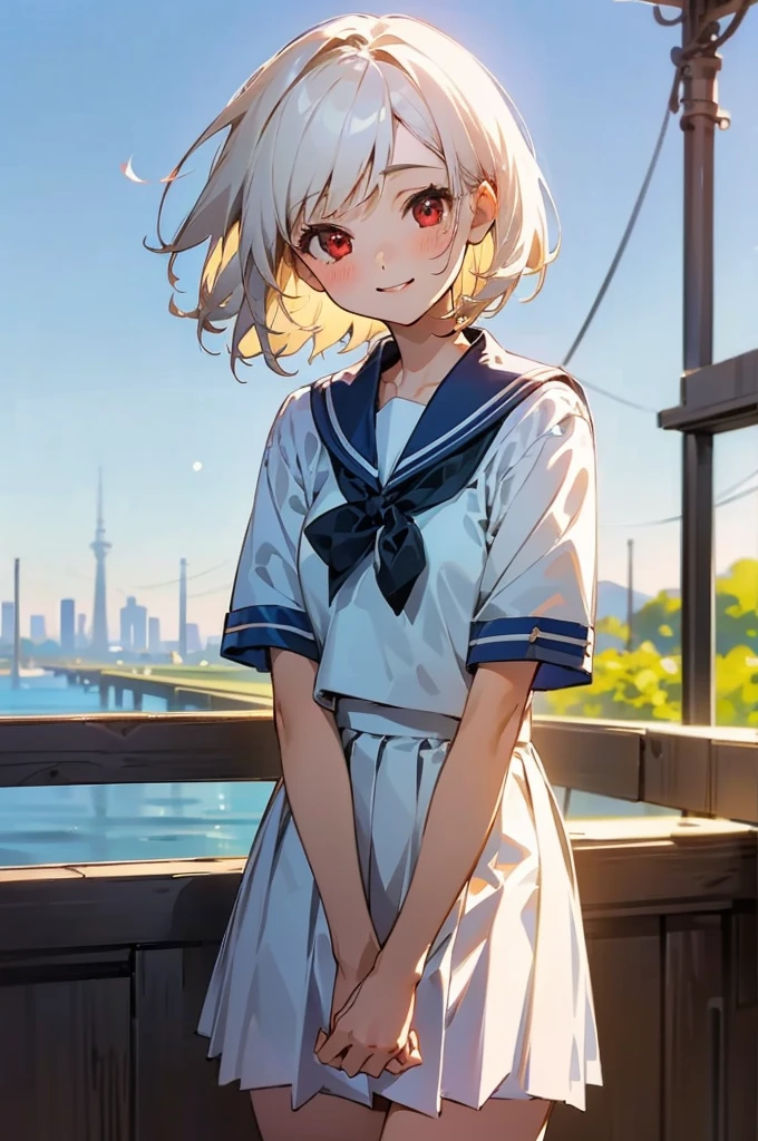 ((masterpiece,Highest quality, High resolution)), One girl, alone, Red eyes, Short white hair, smile, Sailor suit, Short sleeve, White pleated skirt, (Cute illustrations:1.2), (blue sky), Dramatic Light, afternoon, Bokeh effect