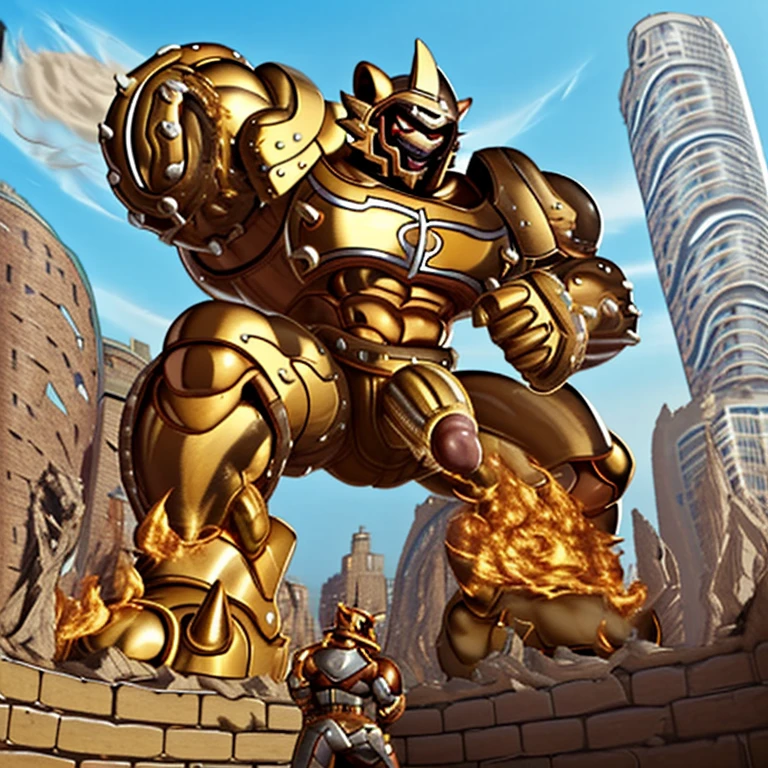 (Solo. masterpiece. official art. 8k. best quality. detailed full body. full body.)
(situation 1 : dominating zeraora. zeraora is over 1000 meters long. focus GIANT mechanical Muscular zeraora is trampling the city. Looking down. macro. stomp. Low-angle perspective. emphasizing the immense size. He is much bigger than a skyscraper. Giga Giants. looking down. foot focus, (soles:1.2))
(situation 2 :smoke and flames rising from the destruction in the city)
(Additional details 1: wearing a full-face helmet. golden armor. Armored Flazzard. Armored_Flazzard. high-tech bio-mecha armor. real texture material. whole body shines like metal. Wearing cyberpunk mecha. emphasizes the muscles. suit fully made of metal. intricate armor. Robotic suit. suit fully made of metal. cyborg. He is wearing a golden cloak.).
(Additional details 2: (Detailed head. Detailed Body. Detailed abs. gigantic muscles. HYPER MUSCLES. Gigachad Muscular. big muscle. pecs. triceps. traps. unusually developed muscular body. body full of huge muscles. showing off muscles. pectorales enormes. Exaggeratedly huge muscles. huge muscles. long legs.).
(Additional details 3: Spread wings. It has wings. have big wings. The claws are sharp. Sharp teeth).
(Additional details 4: golden hyper penis. hyper golden penis. big penis) Chrome Armor