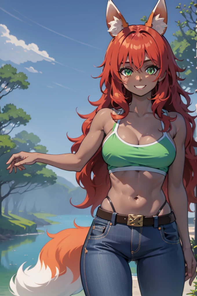 masterpiece, best quality, highres, zoo1, green eyes, bangs, orange hair, very long hair, fox tail, dark skin, fox girl, tank top, green top bikini, jeans, belt, forest, cowboy shot, ABS,upper body, smile, pov