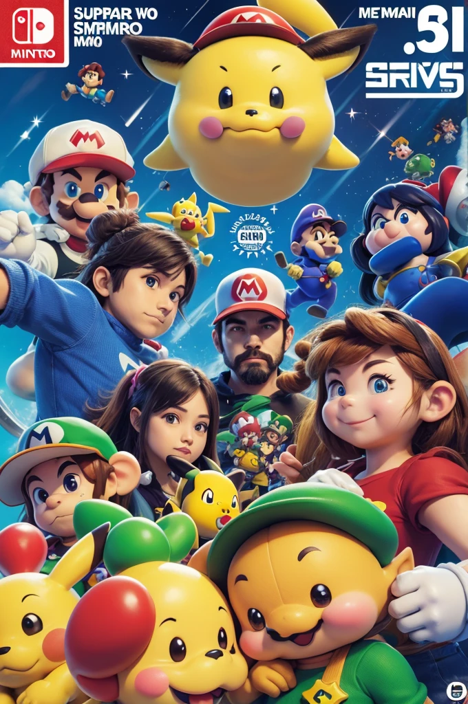 Uma nova capa de Super Smash Bros 64 um jogo de luta dos presonagems da nintendo o lutadorese são o super mario de super mario bros o pikachu de pokémon o ness de EarthBound o luigi de super mario bros 2 e yoshi de super mario world & super mario world 2, yoshi&#39;s lsland with mario firepower and ness with Pk fire and pikachu with lightning power and yoshi who can catch his rivau with his tongue 