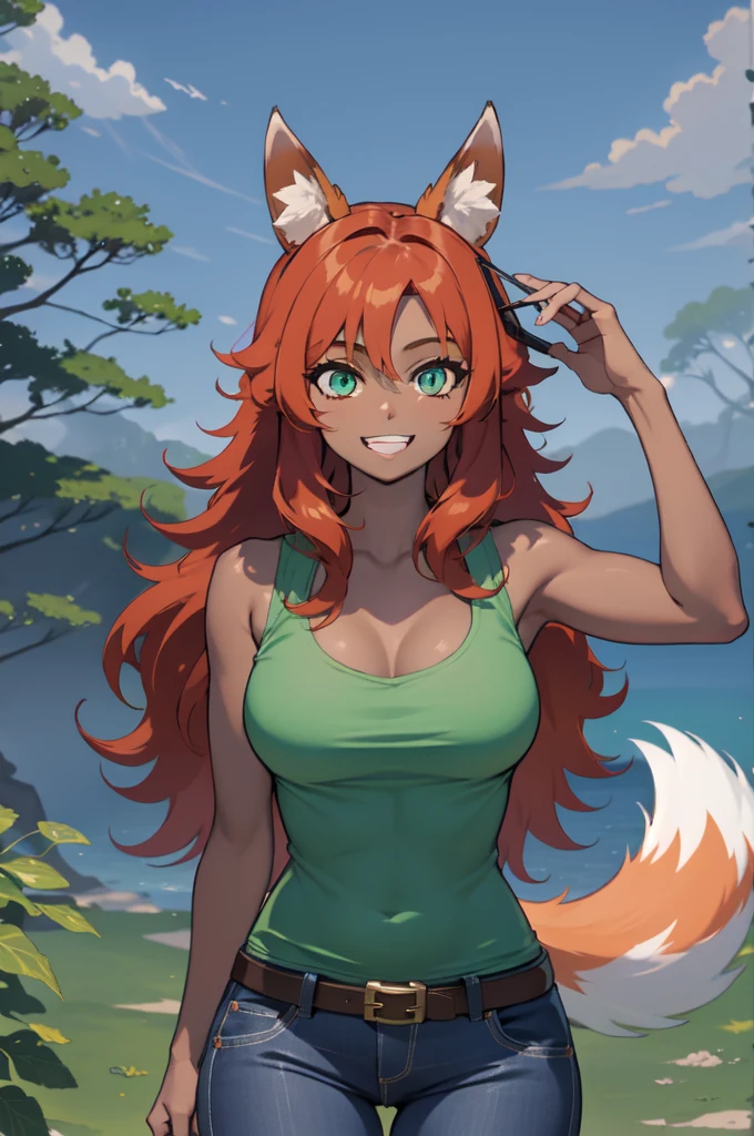 masterpiece, best quality, highres, zoo1, green eyes, bangs, orange hair, very long hair, fox tail, dark skin, fox girl, tank top, jeans, belt, forest, cowboy shot, large chest neckline, ABS,upper body, smile, pov