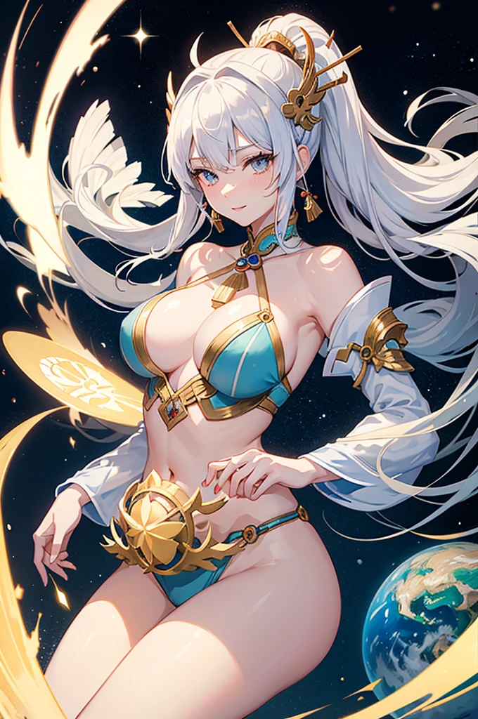 an adult anime-style girl named Tomoe Gozen (to know) showing a friendly smile ,presents an impressive and powerful appearance. It is 2 kilometers high, she holds a galaxy with her hand, showing her great multiversal power she is sitting on a planet measuring the cosmos, she has nothing on her head. She wears swimwear decorated with traditional Japanese light blue motifs with gold details that give it a distinctive touch.. His grayish albino hair is tied up in an elaborate hairstyle that complements his warrior appearance.. She has very huge O cup breasts. His reddish eyes shine with determination and strength., showing his indomitable spirit in combat.