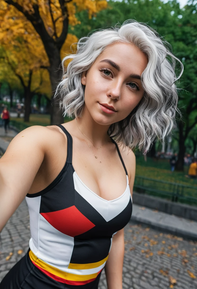 selfie-mode, Sierra, a young, athletic woman, midsize breasts, round booty, curvy hips, (shoulder-short, unusually_white_hair_with_grey_strands, full_hair, wavy_hair, messy_hair:1.3), (wearing bodycon dress in colors of the German soccer jersey), in a city park, taking selfie, natural skin, cinematic, colorful background, concept art, 8k, dramatic lighting, high detail, highly detailed, hyper realistic, intricate, intricate sharp details, octane render, smooth, studio lighting, trending on artstation